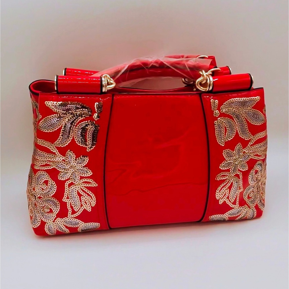 Glam Red Patent Leather Satchel Gold Sequin Floral Embroidery Bag